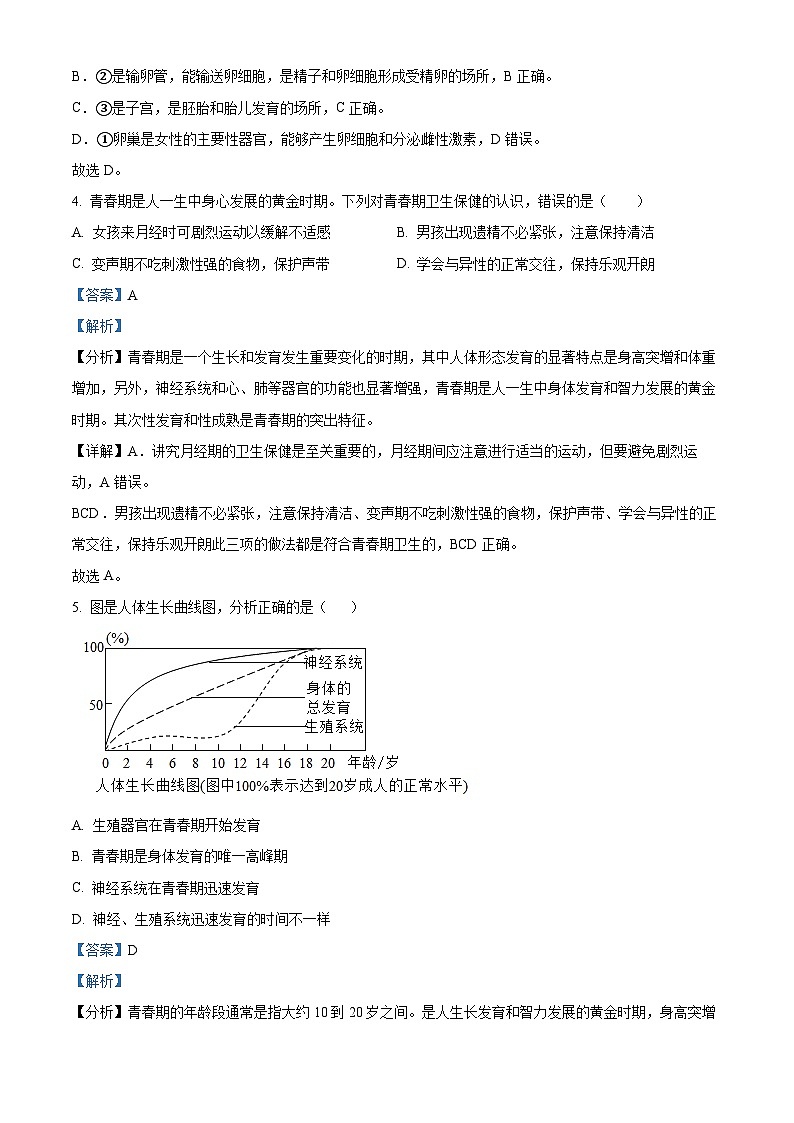 精品解析：广东东莞市松山湖南方外国语学校2023-2024学年七年级下学期第一次月考生物试题（解析版）第3页