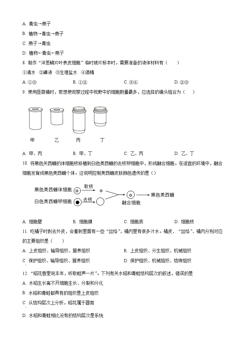 精品解析：湖南省益阳市赫山区箴言龙光桥学校2023-2024学年七年级下学期开学考试生物试题（原卷版）第2页