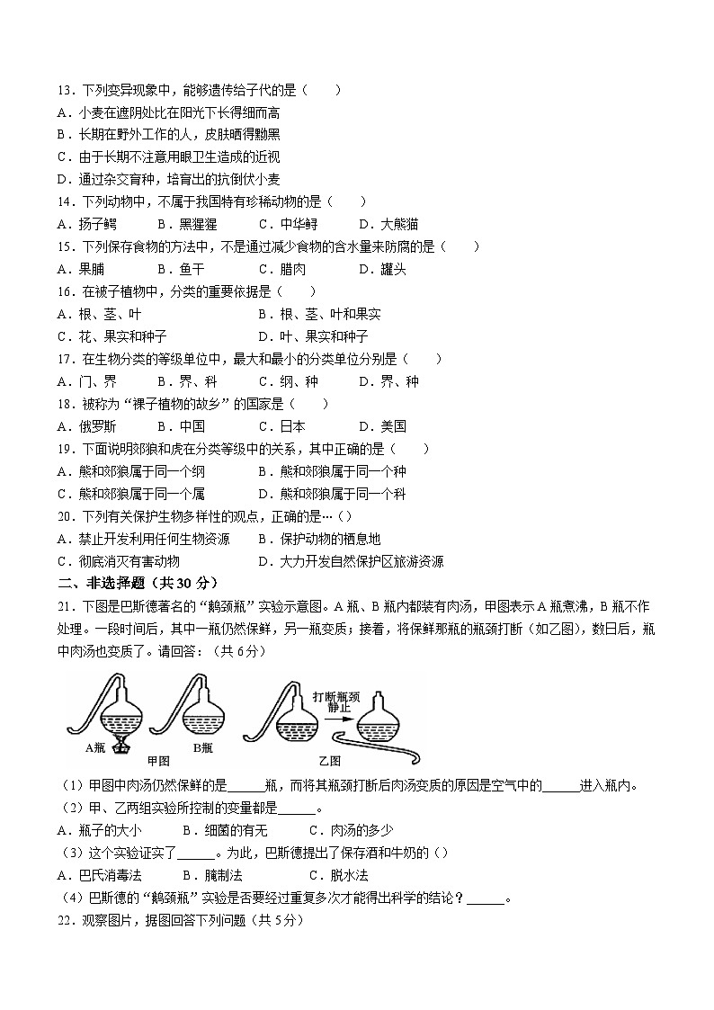 吉林省四平市铁东区2023-2024学年八年级上学期期末生物试题02