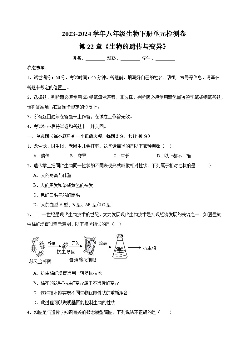 2023-2024学年苏科版八年级生物下册第22章《生物的遗传与变异》检测卷（含答案解析）01