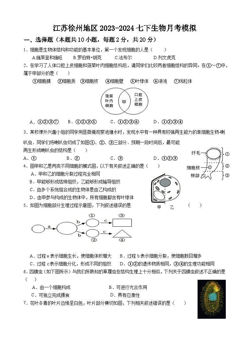 江苏省徐州市2023-2024学年七年级下学期月考生物模拟试题第1页