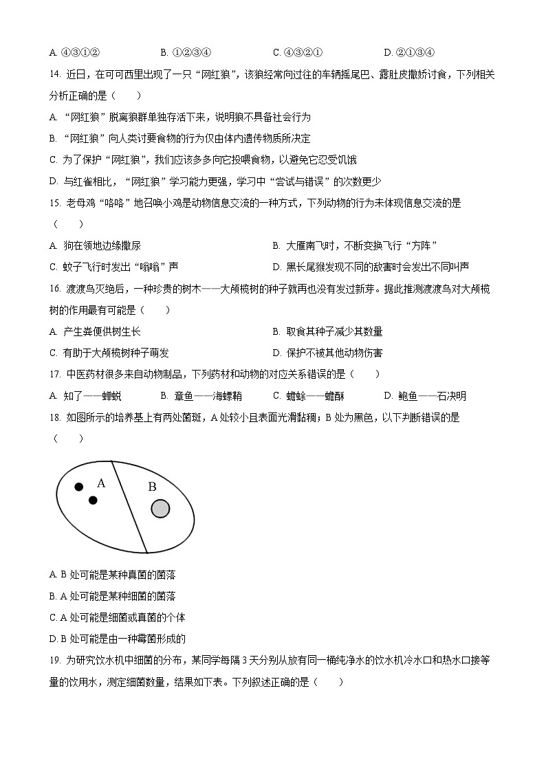 精品解析：四川省自贡市2023-2024学年八年级上学期期末生物试题（原卷版）第3页