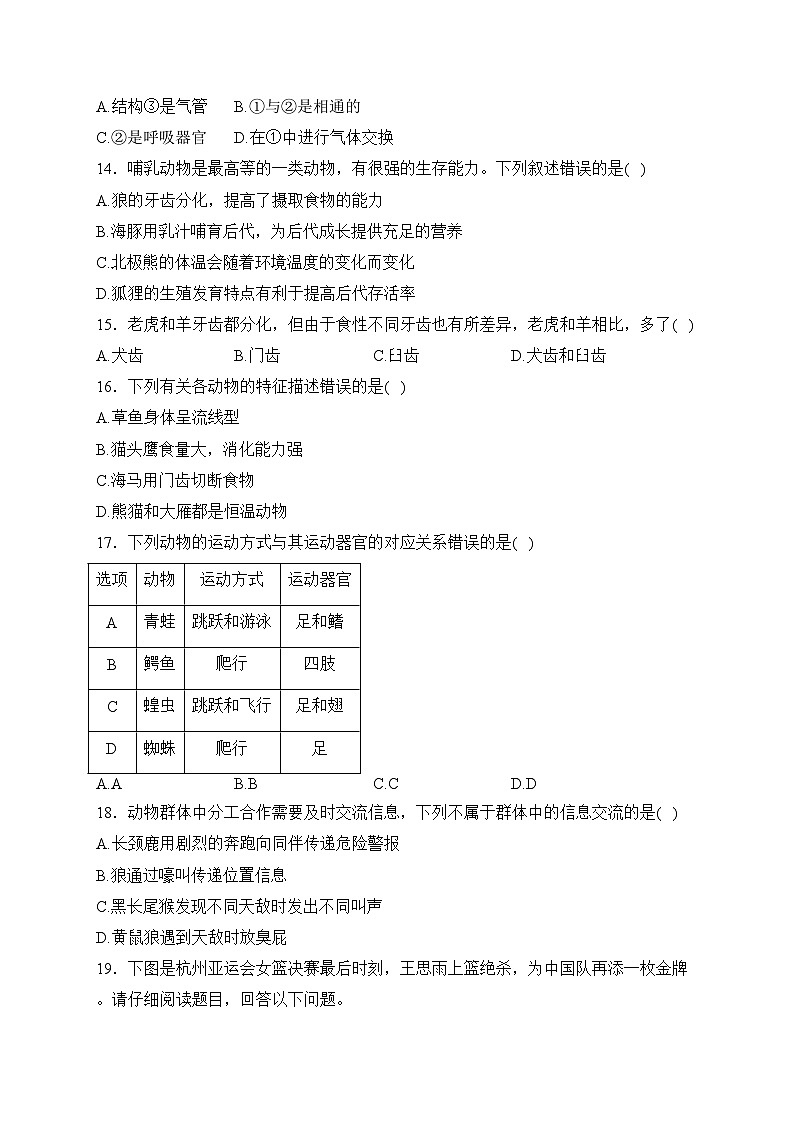 福建省宁德市霞浦县2023-2024学年八年级上学期期中阶段性训练生物试卷(含答案)03