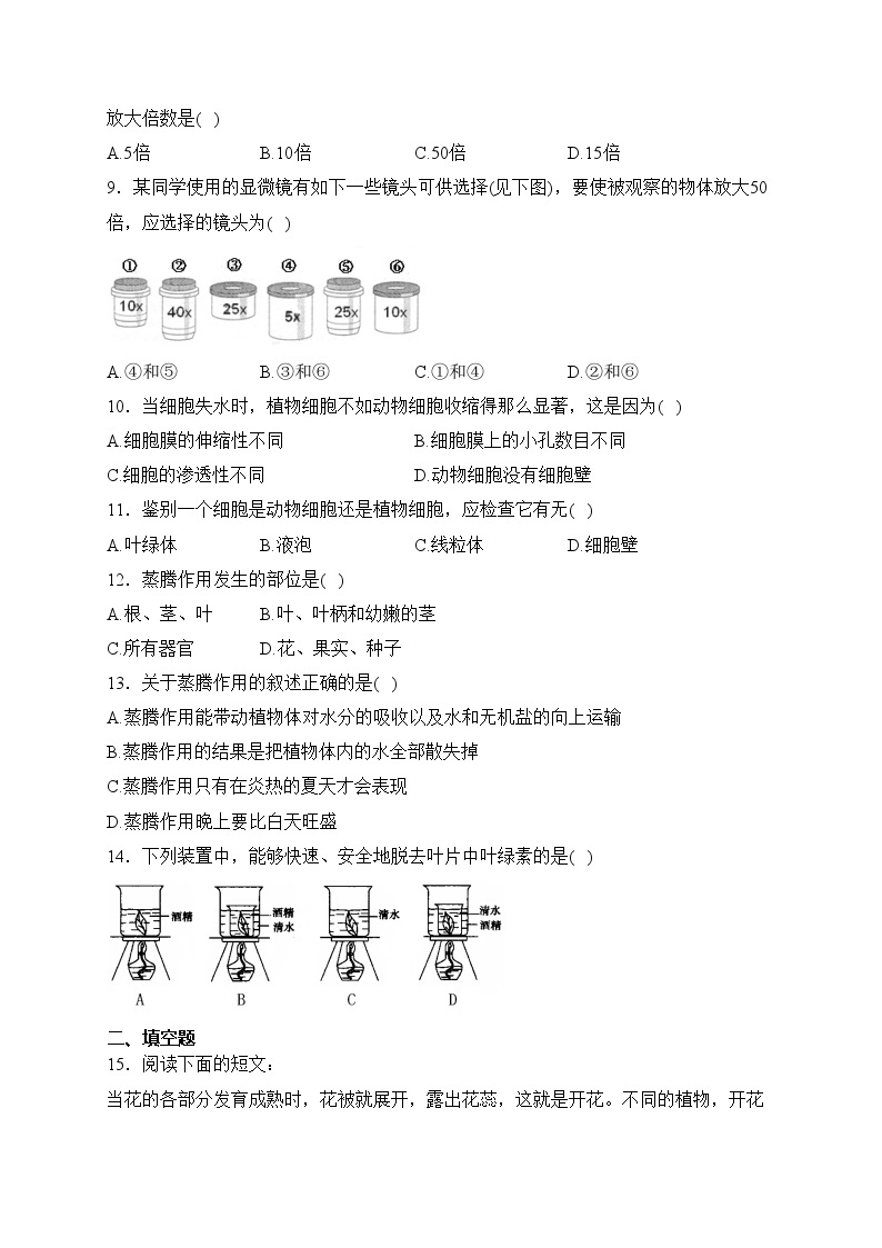 海南省农垦中学2023-2024学年七年级上学期期末考试生物试卷（A）(含答案)02