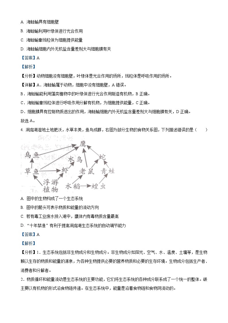 2023年湖南益阳中考生物真题（含解析）02