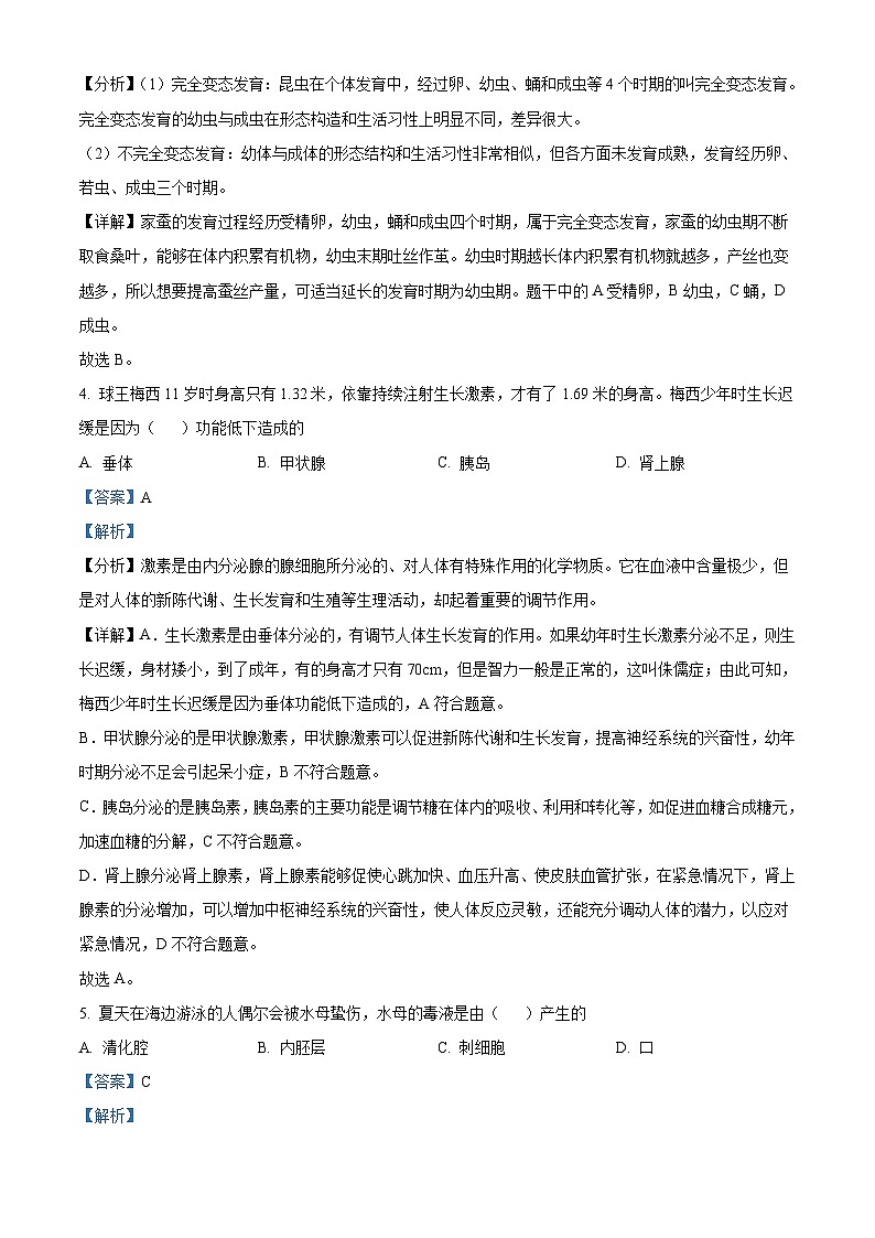 2023年山东省烟台市中考生物真题（含解析）02