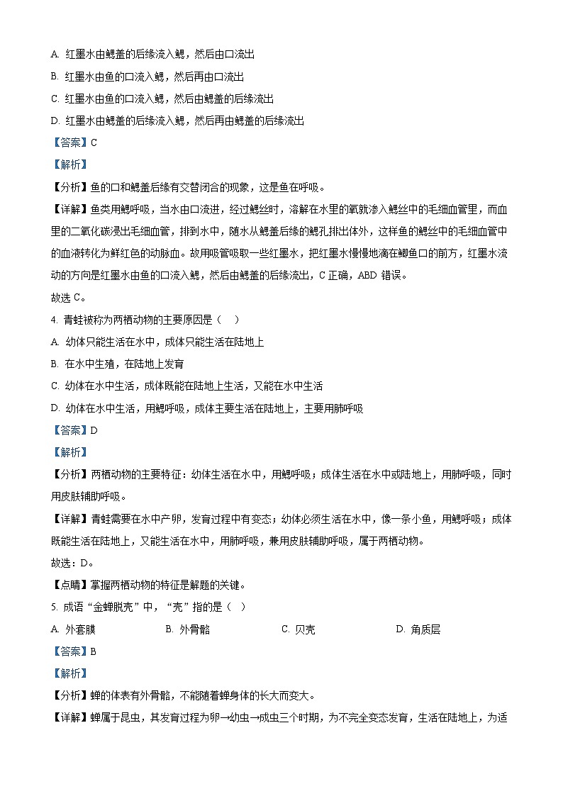 天津市河西区2023-2024学年八年级上学期期末生物试题（原卷版+解析版）02