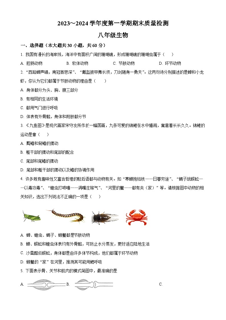 精品解析：天津市河东区2023-2024学年八年级上学期期末生物试题（原卷版）第1页