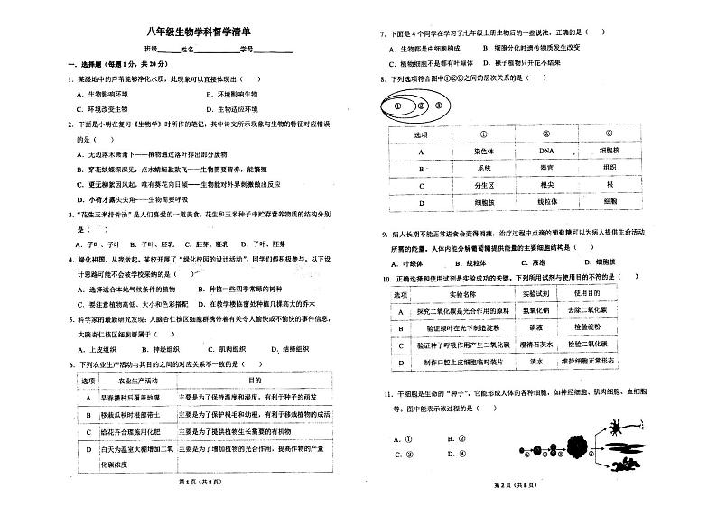 河南省南阳市宛城区第三中学2023-2024学年八年级下学期第一次月考生物试卷01
