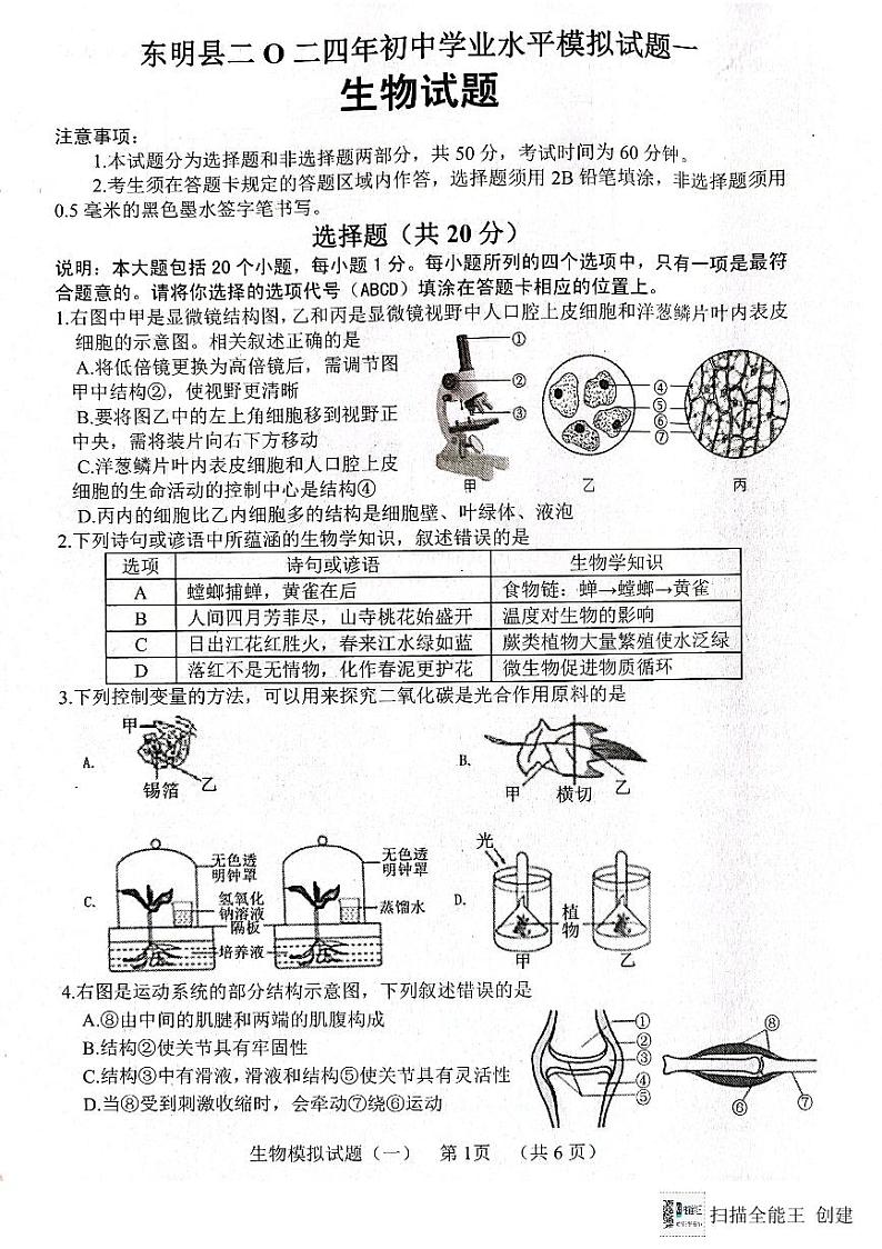 2024年山东省菏泽市东明县初中学业水平模拟生物试题第1页