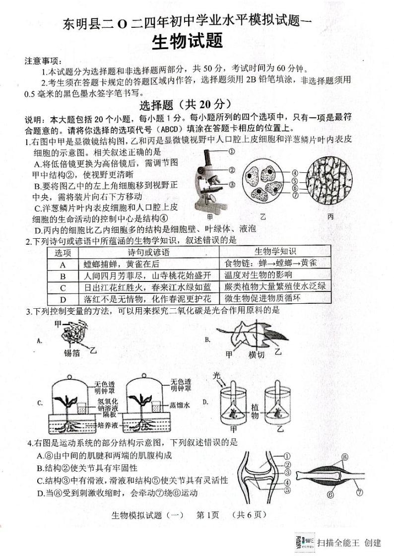 2024年山东省菏泽市东明县初中学业水平模拟生物试题01