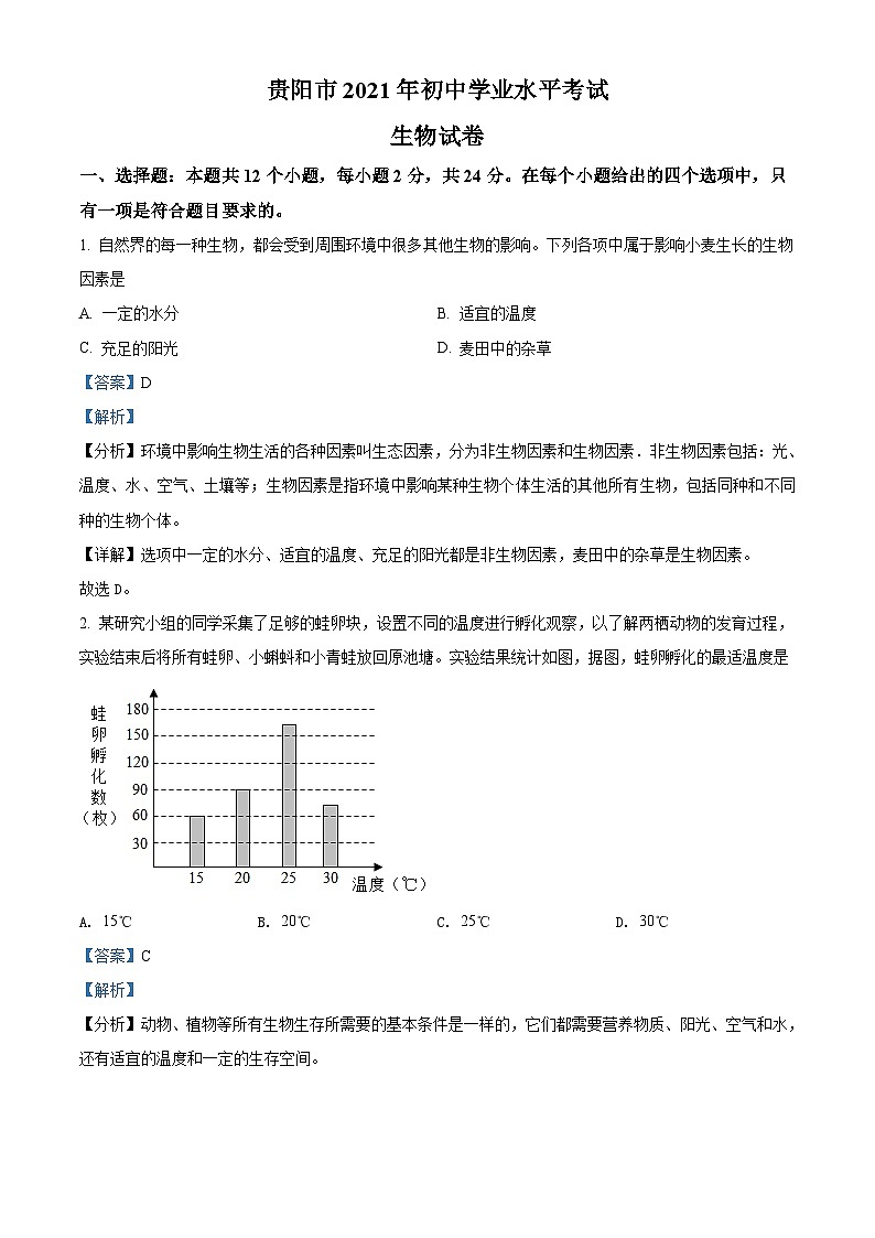 贵州省贵阳市2021年中考生物试题（含解析）01