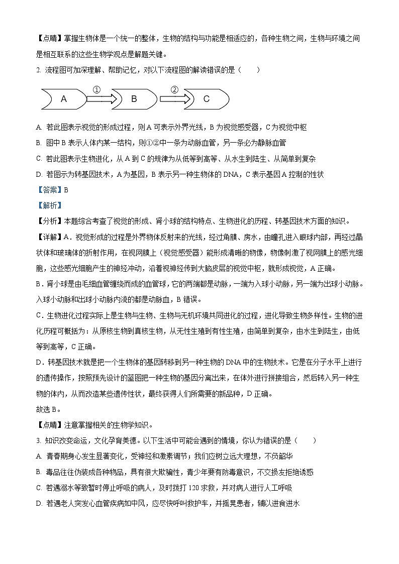 湖北省恩施州2021年中考生物试题（含解析）02