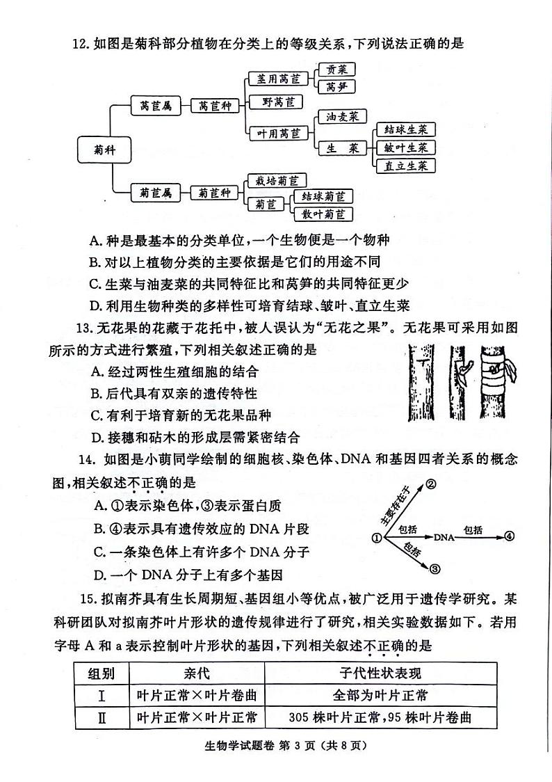 2023-2024学年河南省郑州市八年级中考一模生物试题及答案03
