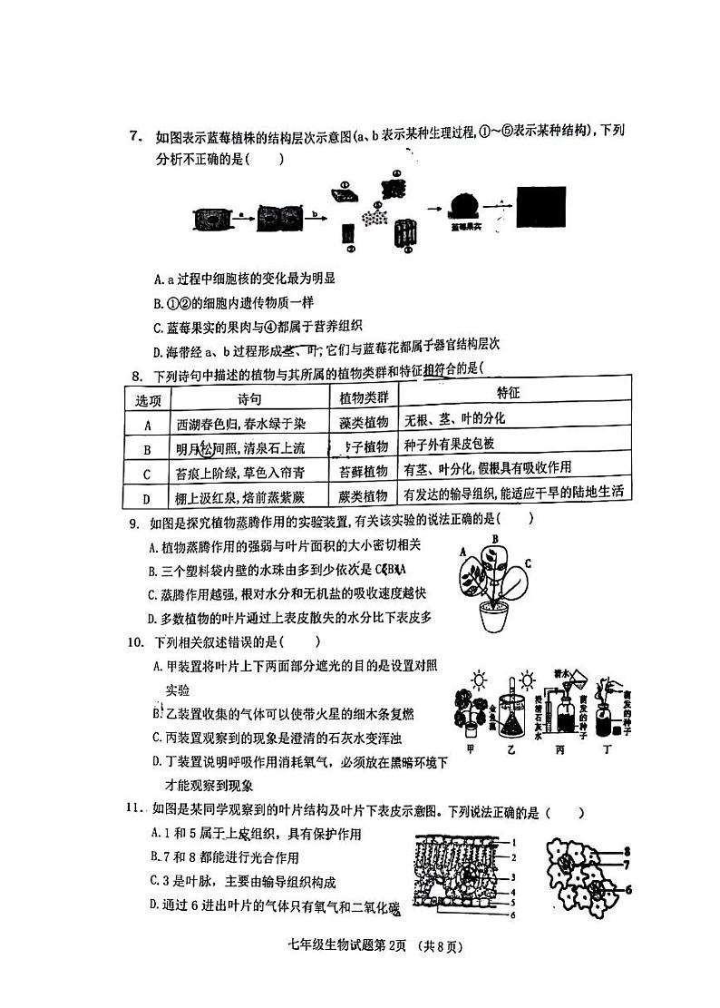 山东省济南市历城区2023-2024学年七年级上学期期末质量检测生物学试题02