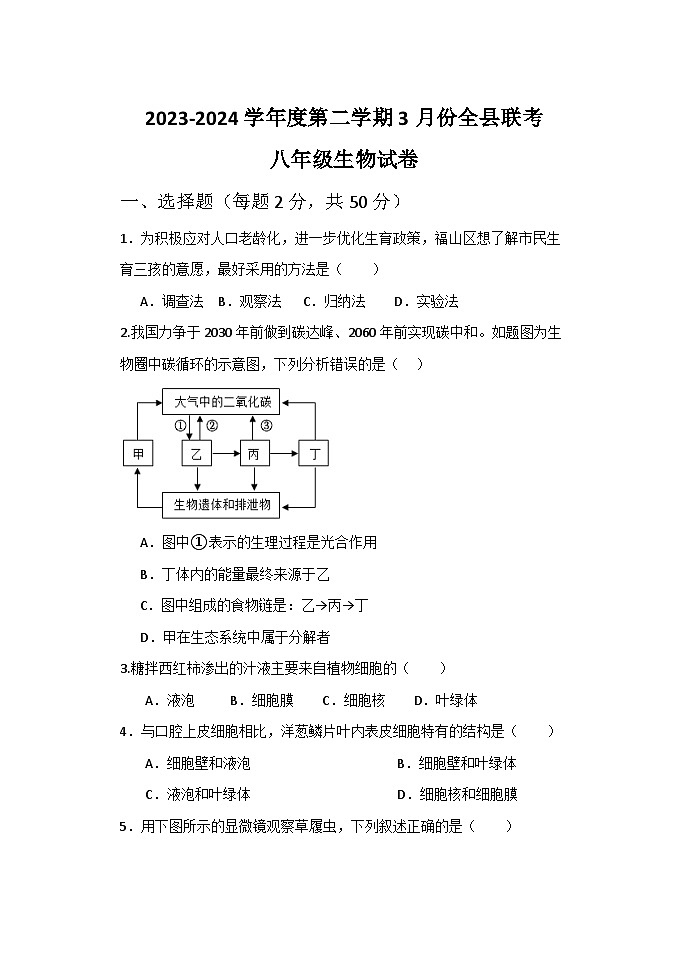 山东省东营市利津县2023-2024学年八年级下学期3月份月考生物试题01