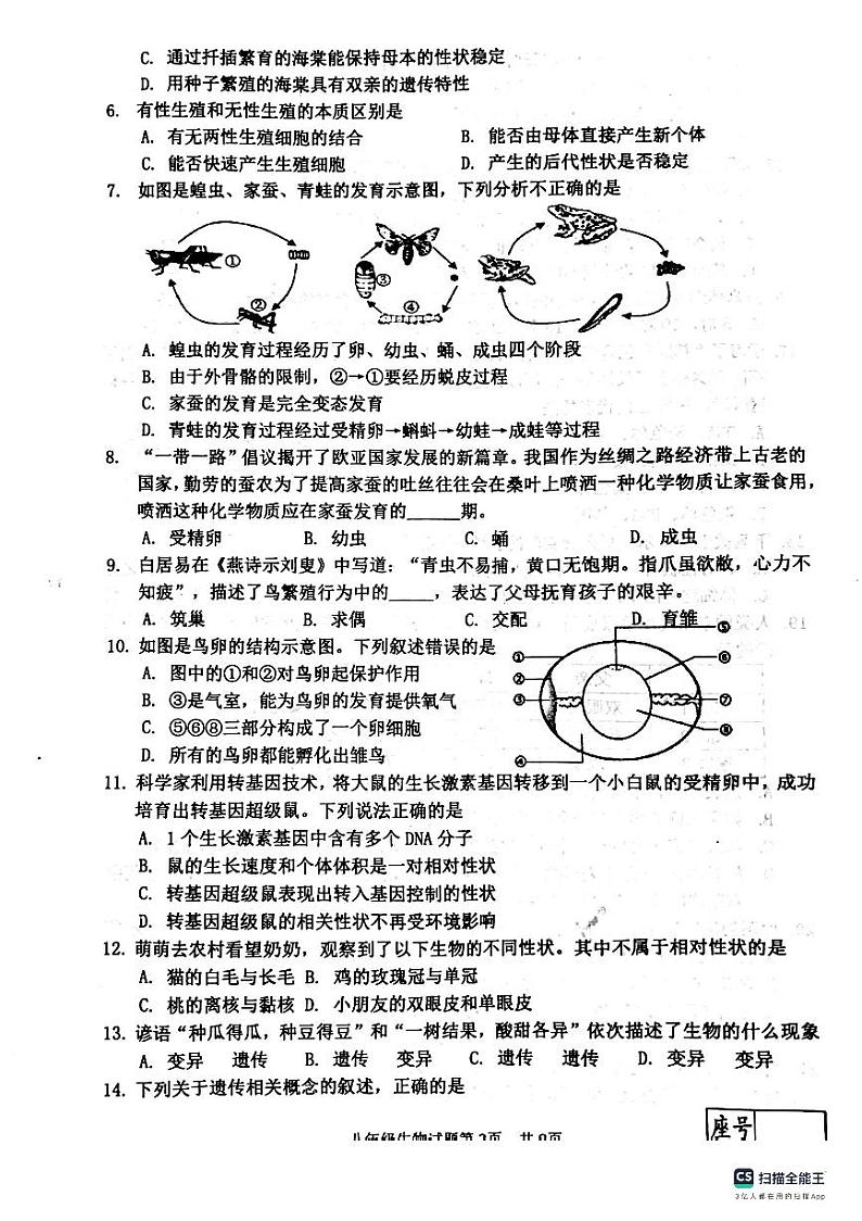 山东省临沂市兰陵县2023-2024学年八年级上学期生物学期末考试试题02