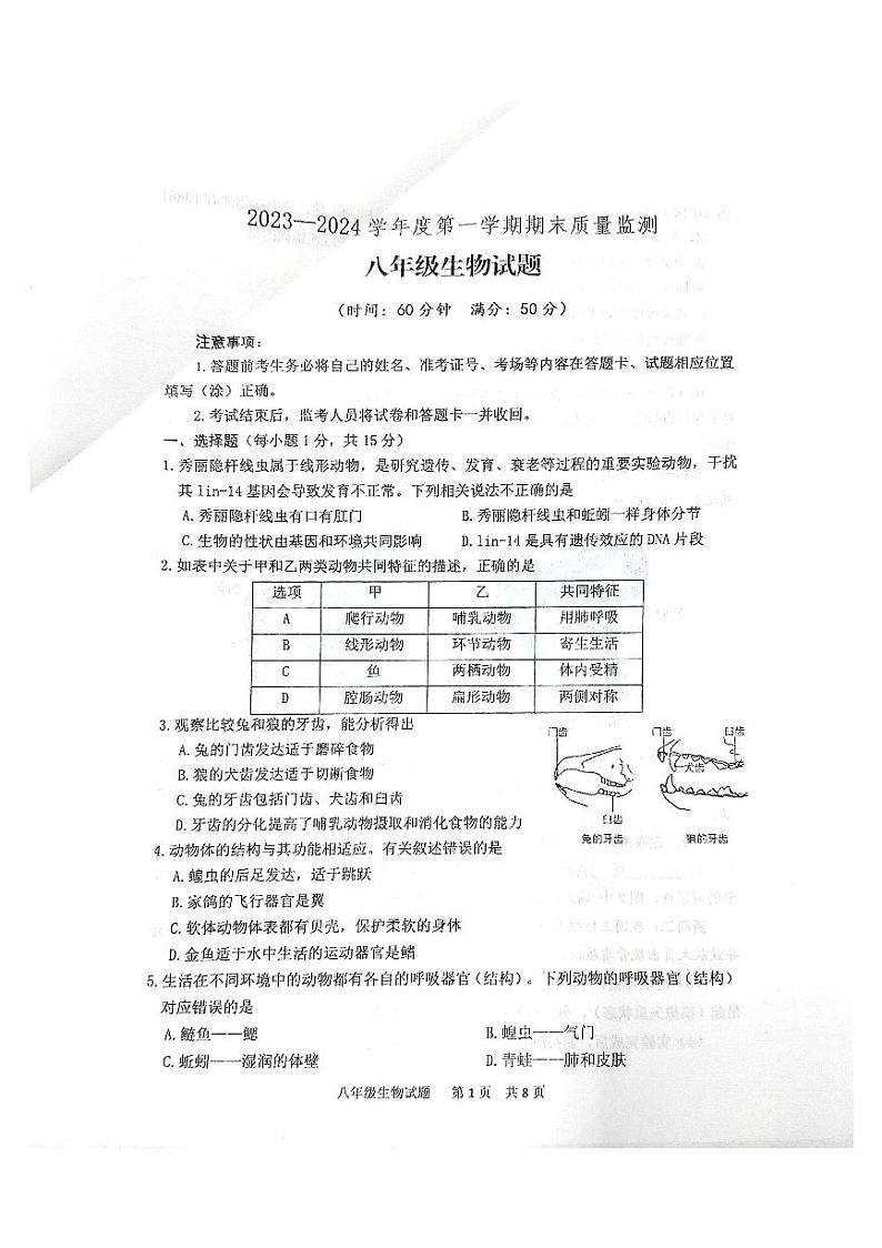 山东省泰安市宁阳县2023-2024学年八年级上学期期末考试生物学试题01