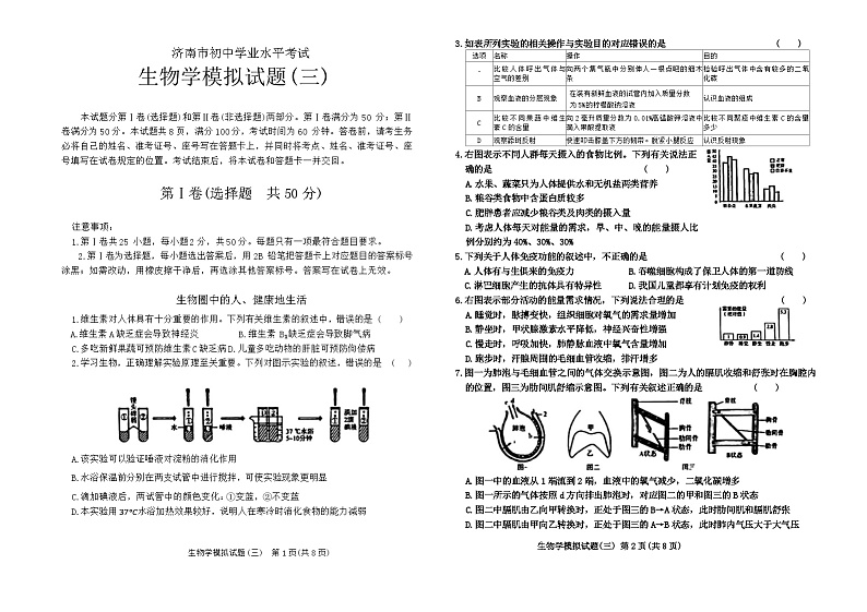 2024年山东省济南市部分学校中考模拟考试生物试题01