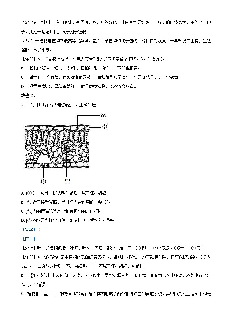 2022年山东省德州市中考生物真题（含解析）03