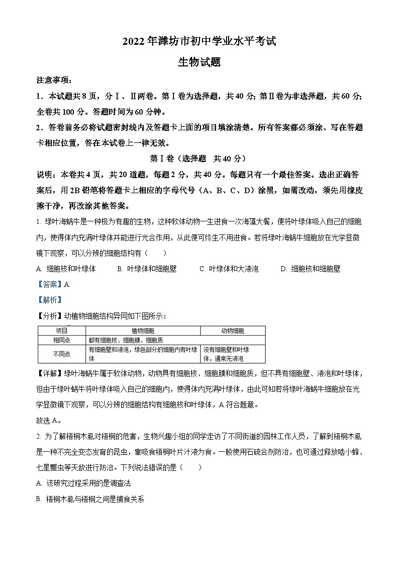 2022年山东省潍坊市中考生物真题（含解析）01