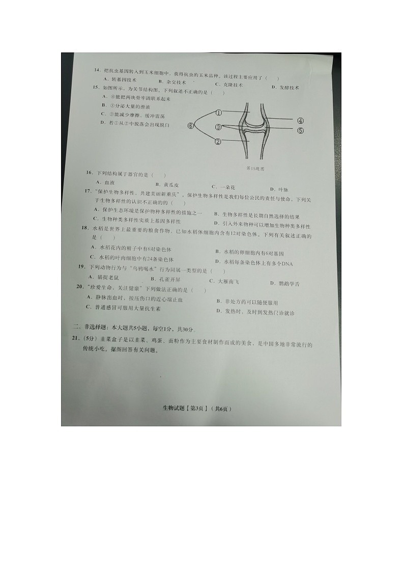 重庆市黔江实验中学2023-2024学年八年级下学期第一次月考生物试题（图片版无答案）第3页