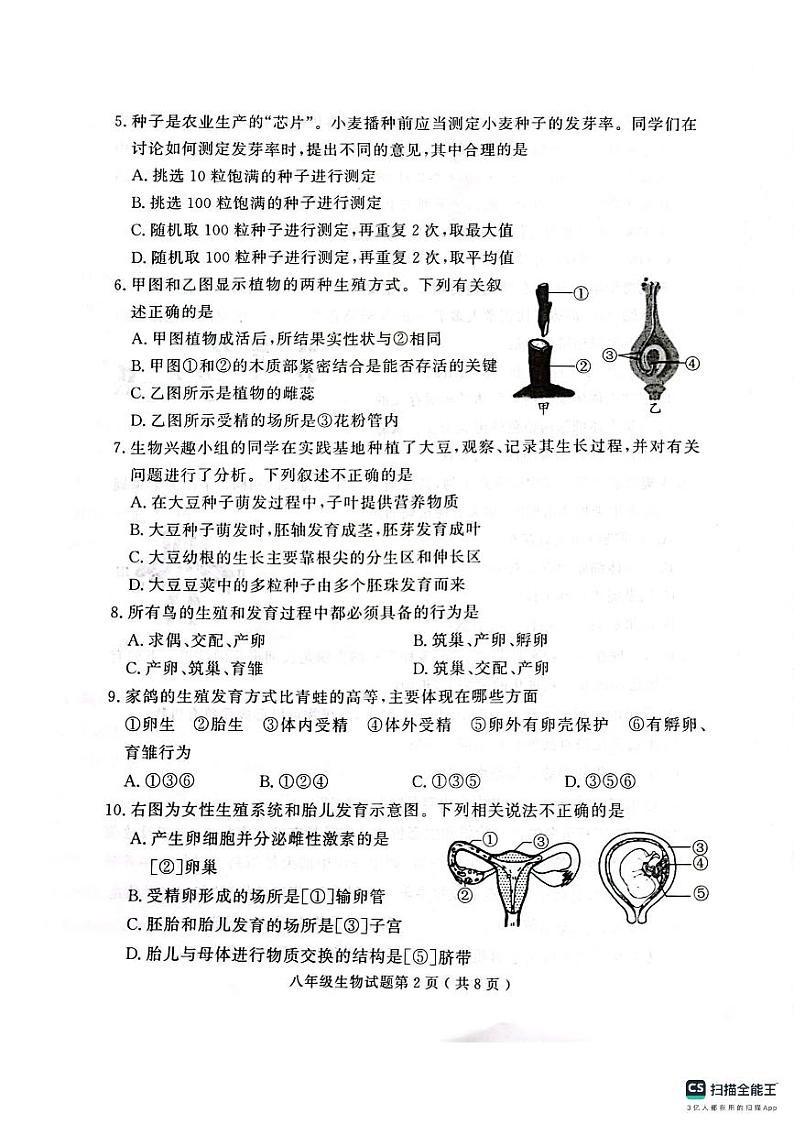 山东省济宁市梁山县2023-2024学年八年级上学期期末质量调研生物学试题02
