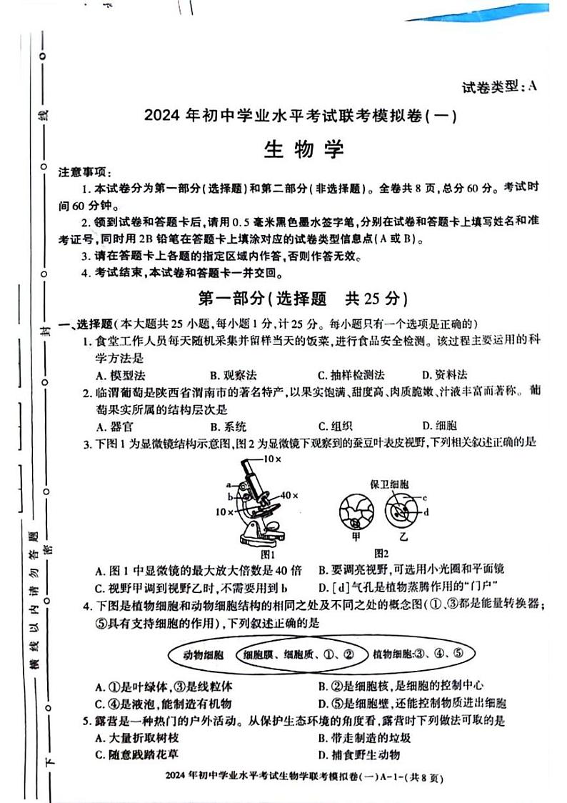 2024年陕西省榆林市佳县初中学业水平考试生物学联考模拟卷（一）第1页