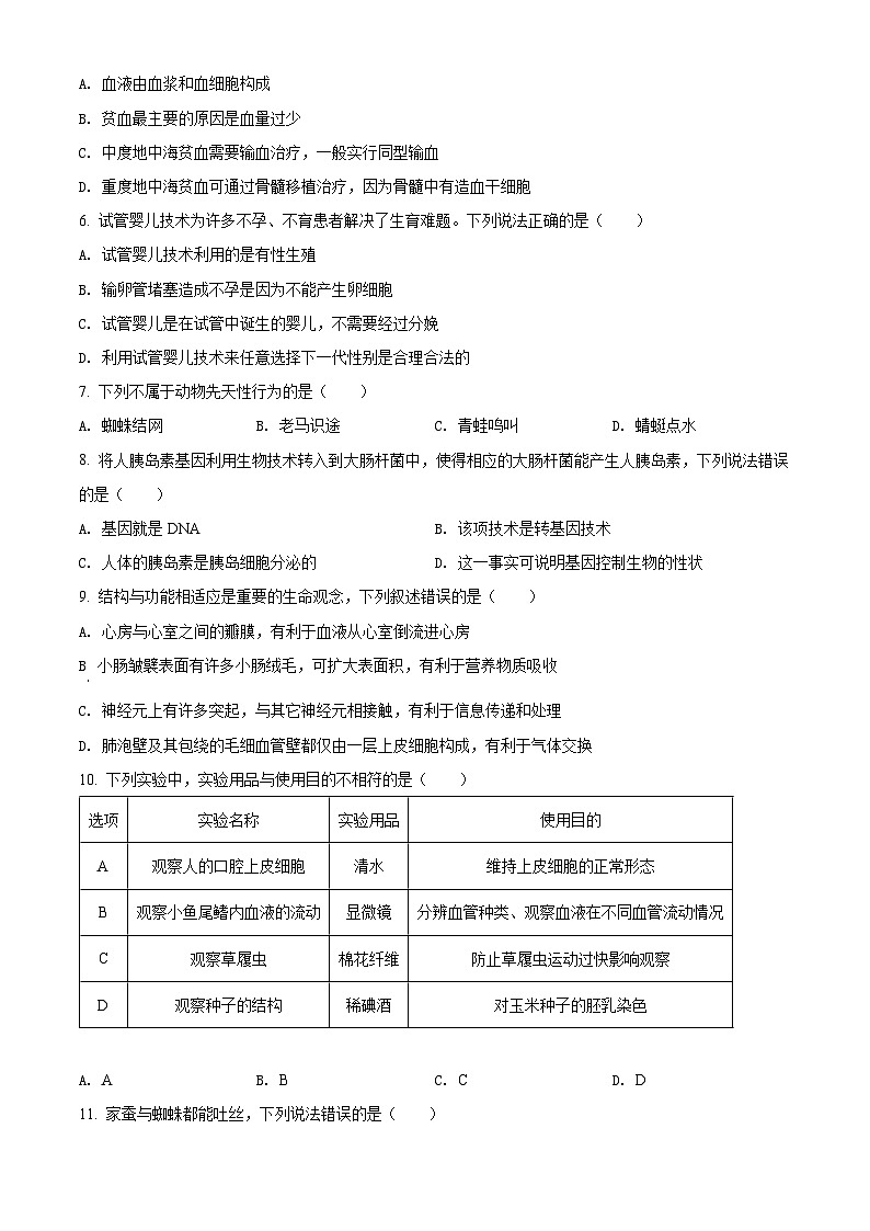 精品解析：2022年湖南省株洲市中考生物真题（原卷版）第2页