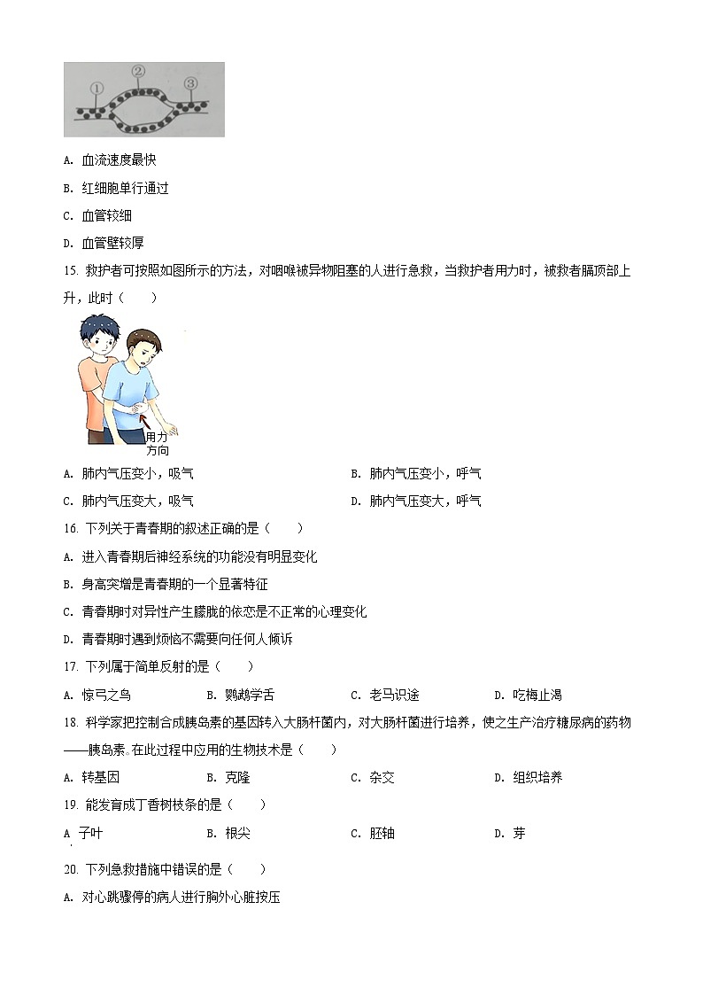 精品解析：2022年吉林省大安市中考生物真题（原卷版）第3页