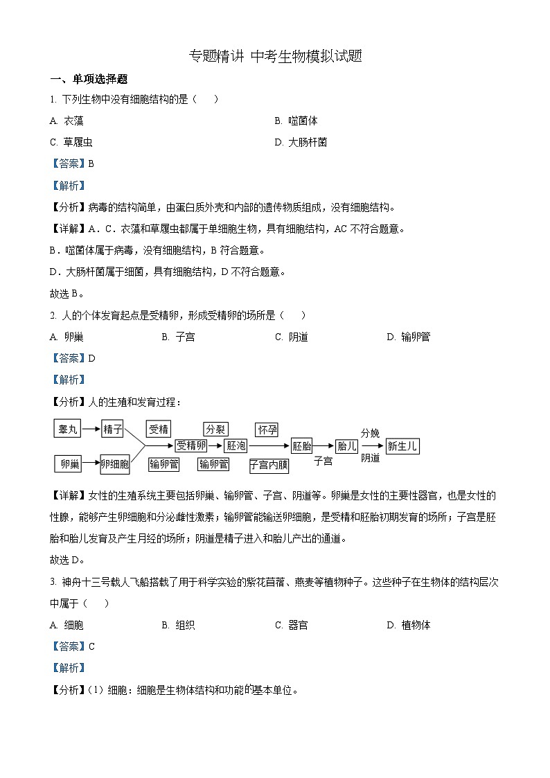 精品解析：2022年江西省中考生物真题（解析版）第1页