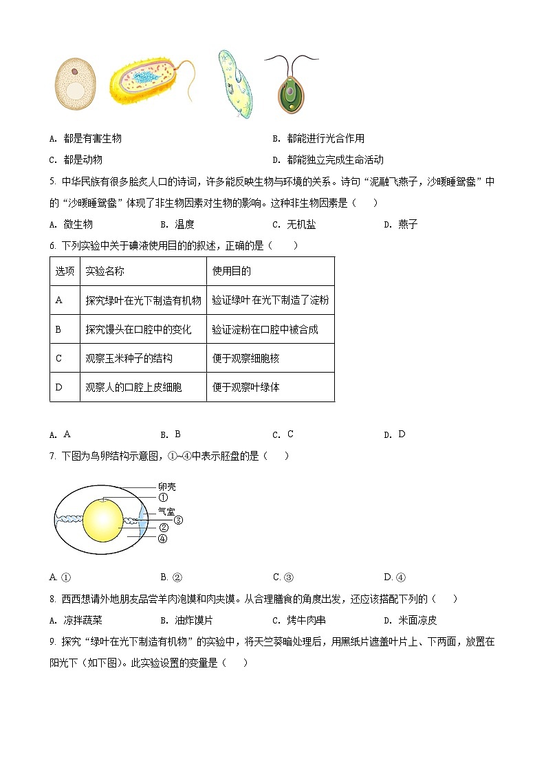 精品解析：2022年陕西省中考生物真题（B卷）（原卷版）第2页