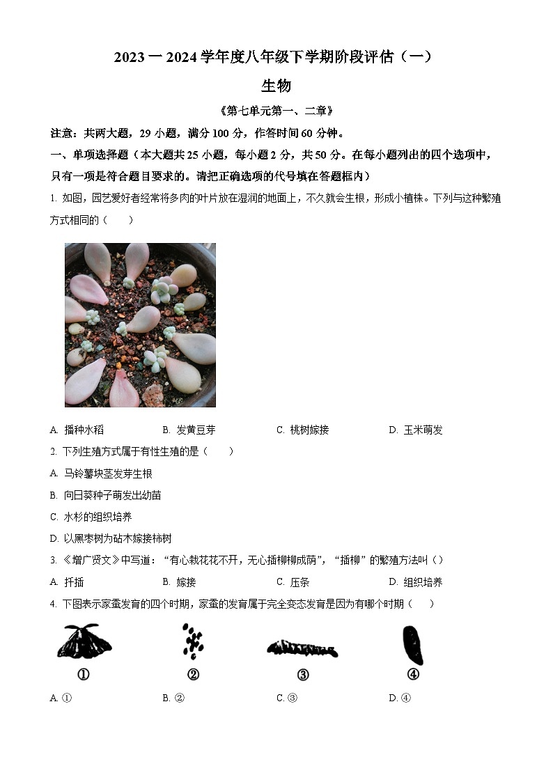 河北省邢台市英华教育集团2023-2024学年八年级3月月考生物试题（原卷版）第1页