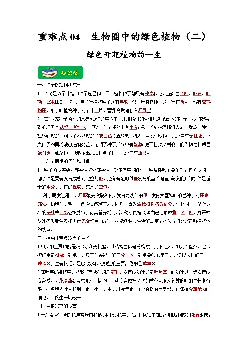 重难点04 生物圈中的绿色植物（二）-2023年中考生物【热点·重点·难点】专练（全国通用）（解析版）第1页