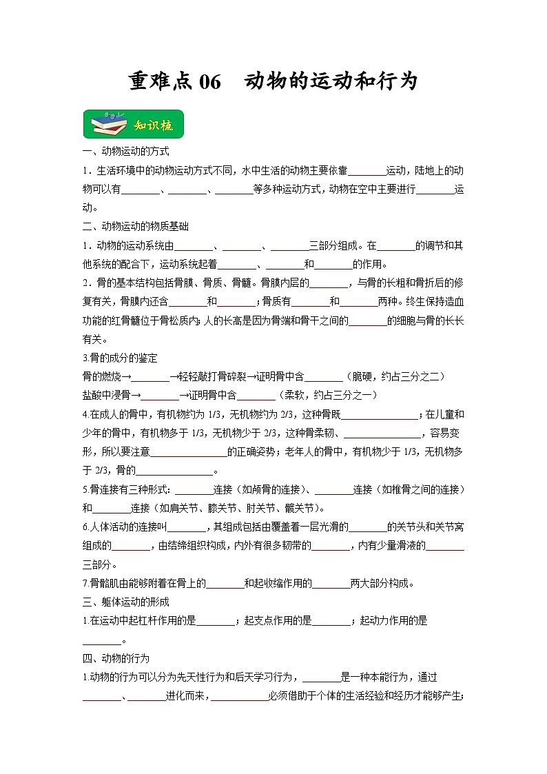 重难点06 动物的运动和行为 -2023年中考生物【热点·重点·难点】专练（全国通用）（原卷版）第1页