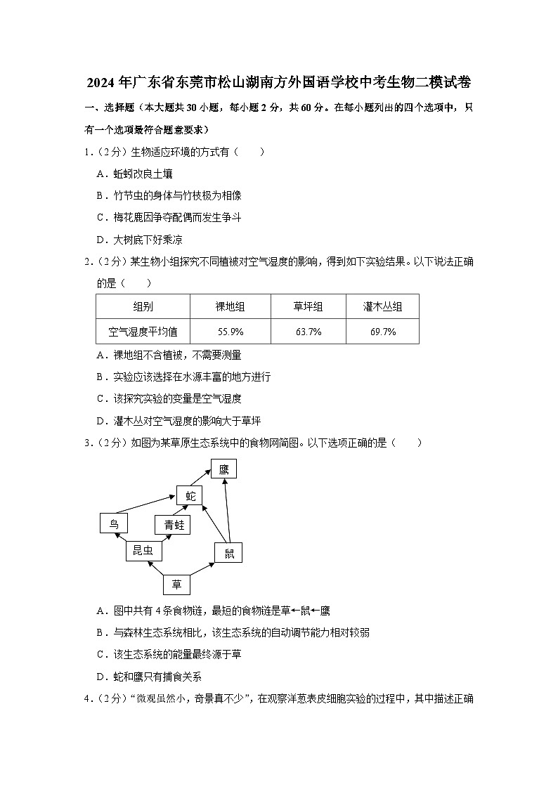 2024年广东省东莞市松山湖南方外国语学校中考生物二模试卷01