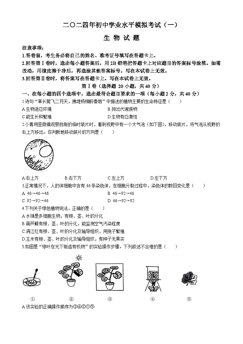 2024年山东省枣庄市峄城区中考一模生物试卷(无答案)01