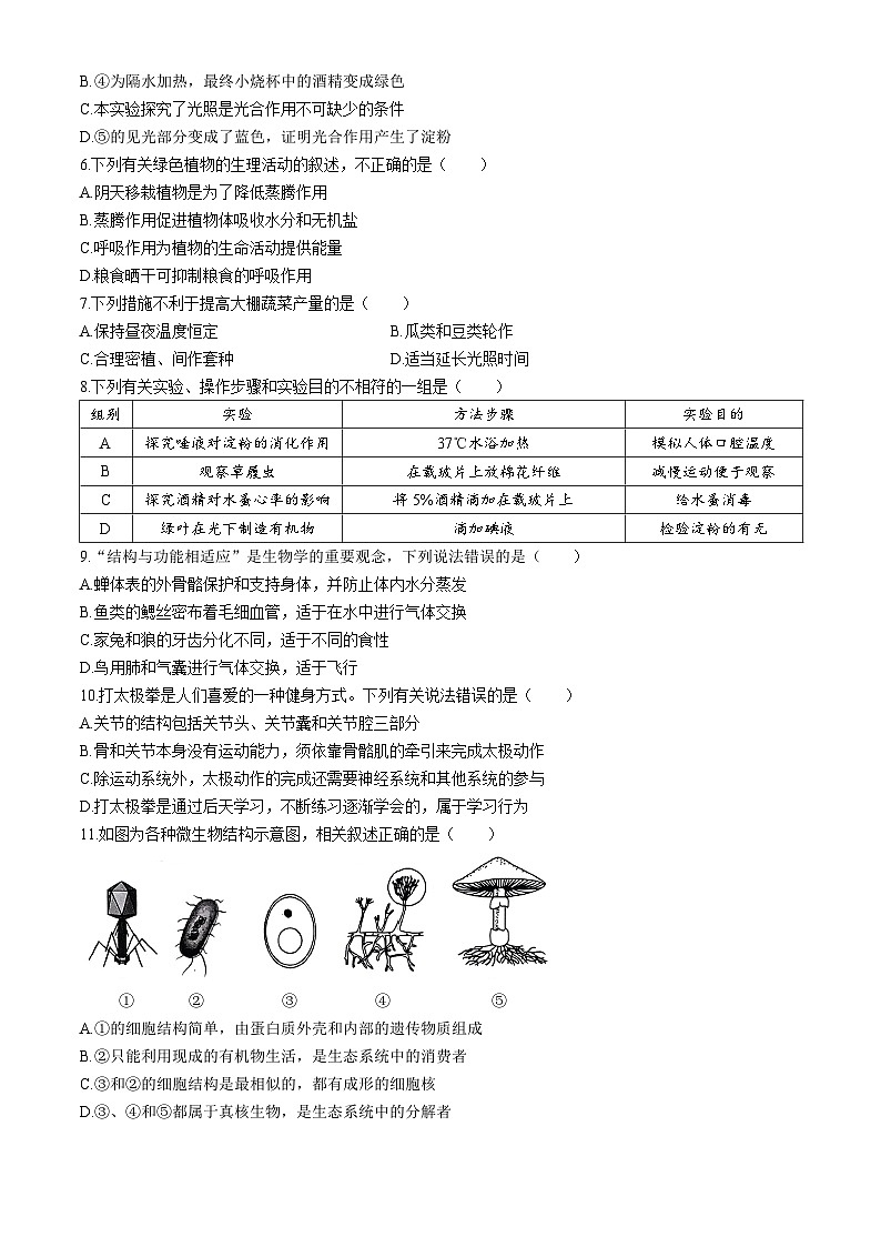 2024年山东省枣庄市峄城区中考一模生物试卷(无答案)02