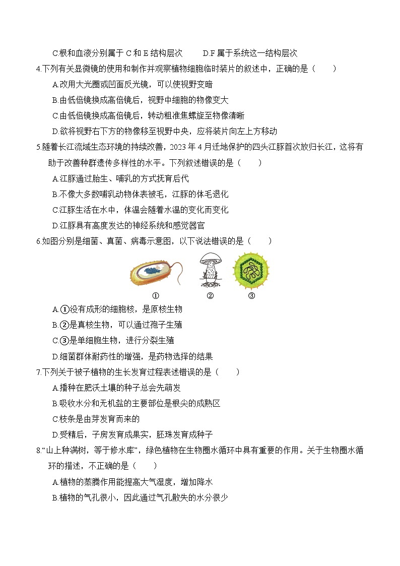 2024年中考第一次模拟考试题：生物（武汉卷）（学生用）02