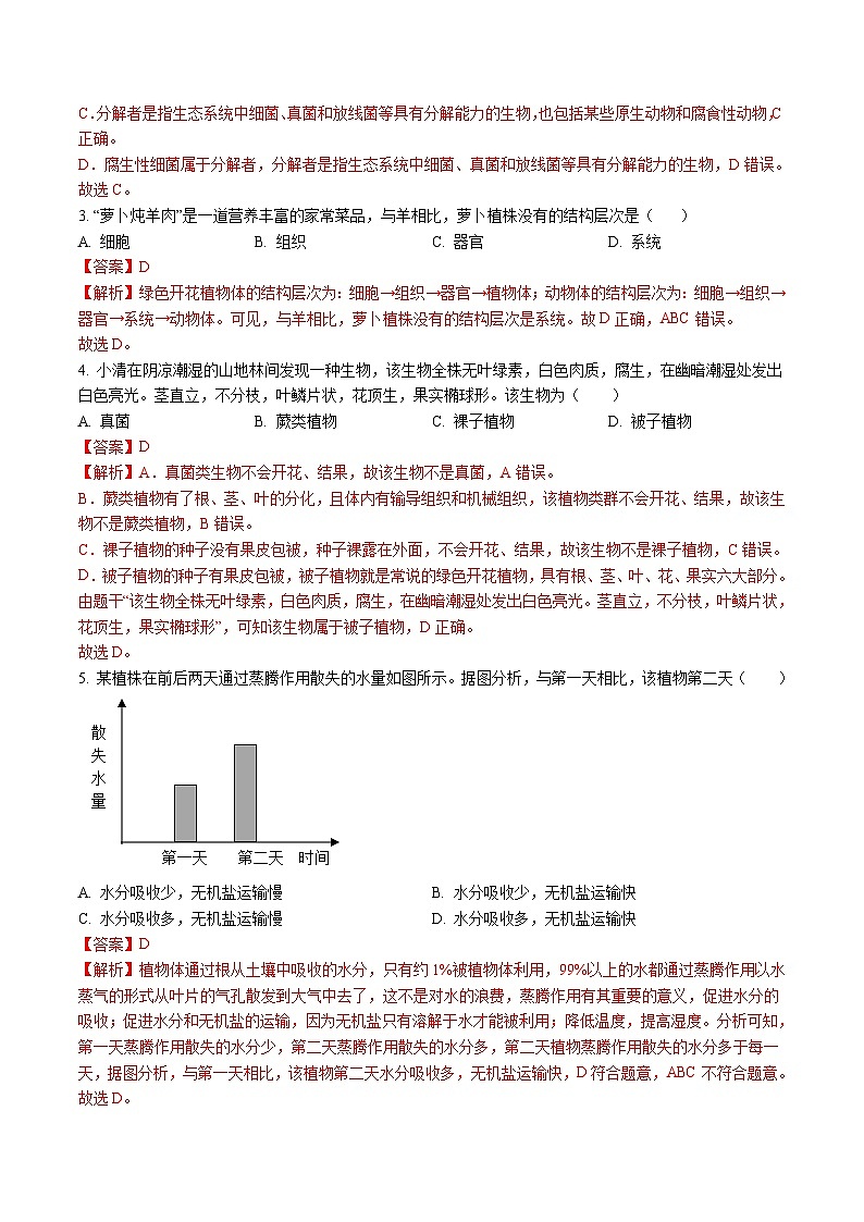 2024年中考第一次模拟考试题：生物（长沙卷）（教师用）02