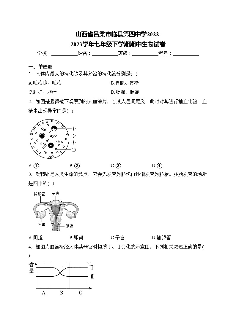 山西省吕梁市临县第四中学2022-2023学年七年级下学期期中生物试卷(含答案)01
