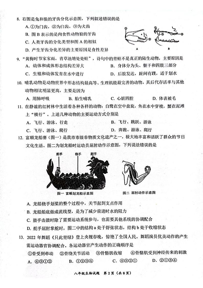 四川省自贡市2023-2024学年八年级上学期期末考试生物学试题02