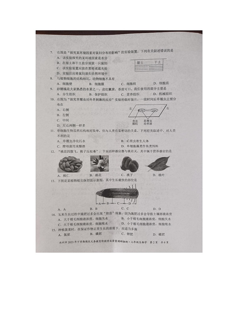 湖南省永州市2023-2024学年七年级上学期期末生物学试题02