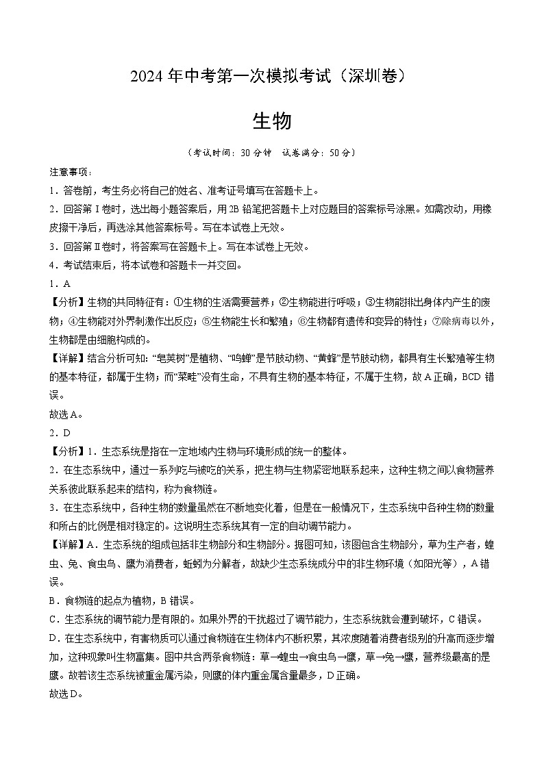 生物（深圳卷）-2024年会考第一次模拟考试01