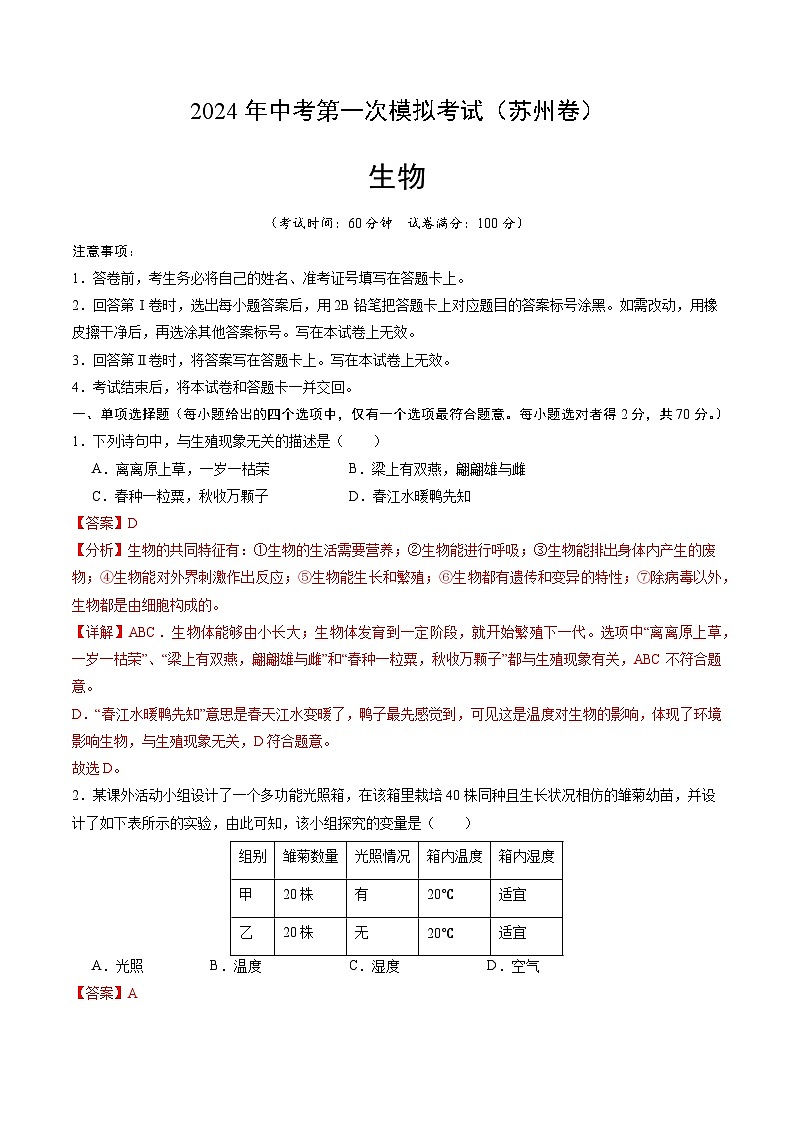 生物（苏州卷）-2024年会考第一次模拟考试01
