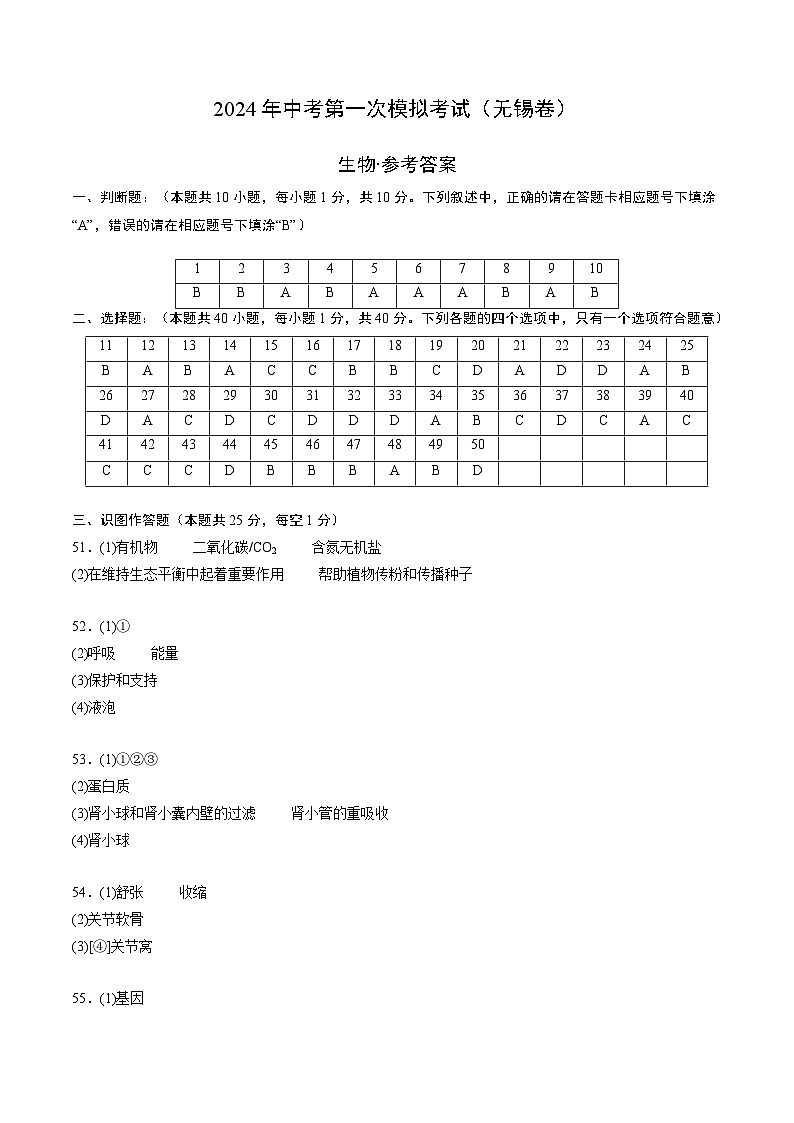 生物（无锡卷）-2024年会考第一次模拟考试01