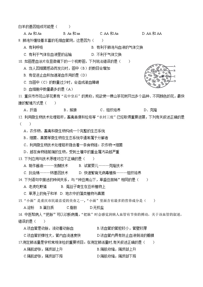 生物（重庆卷）-2024年会考第一次模拟考试02