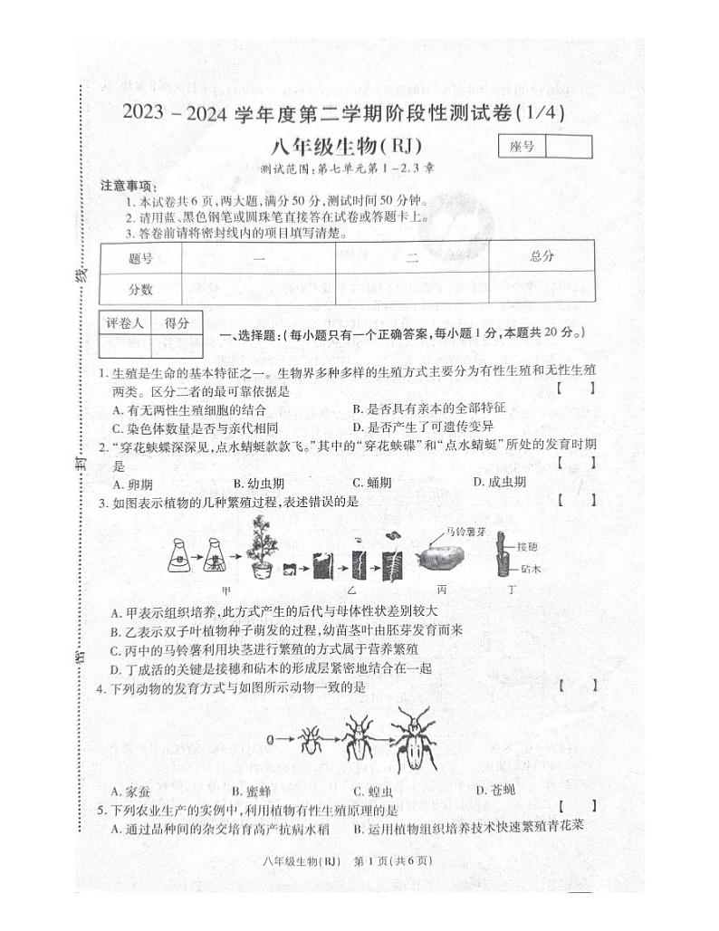 河南省商丘市夏邑县二校联考2023-2024学年八年级下学期3月月考生物试题01