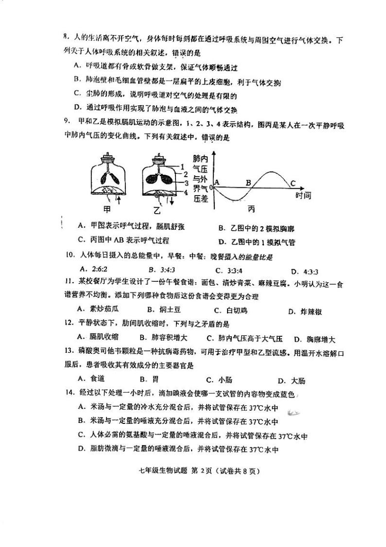 广东省江门市第二中学2023-2024学年七年级下学期第一次月考生物试题02