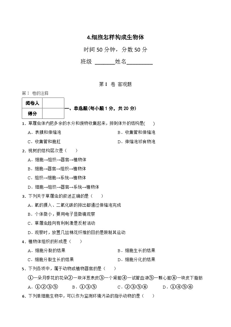 中考生物一轮复习专用训练卷—专题4 细胞怎样构成生物体（ 含解析）第1页